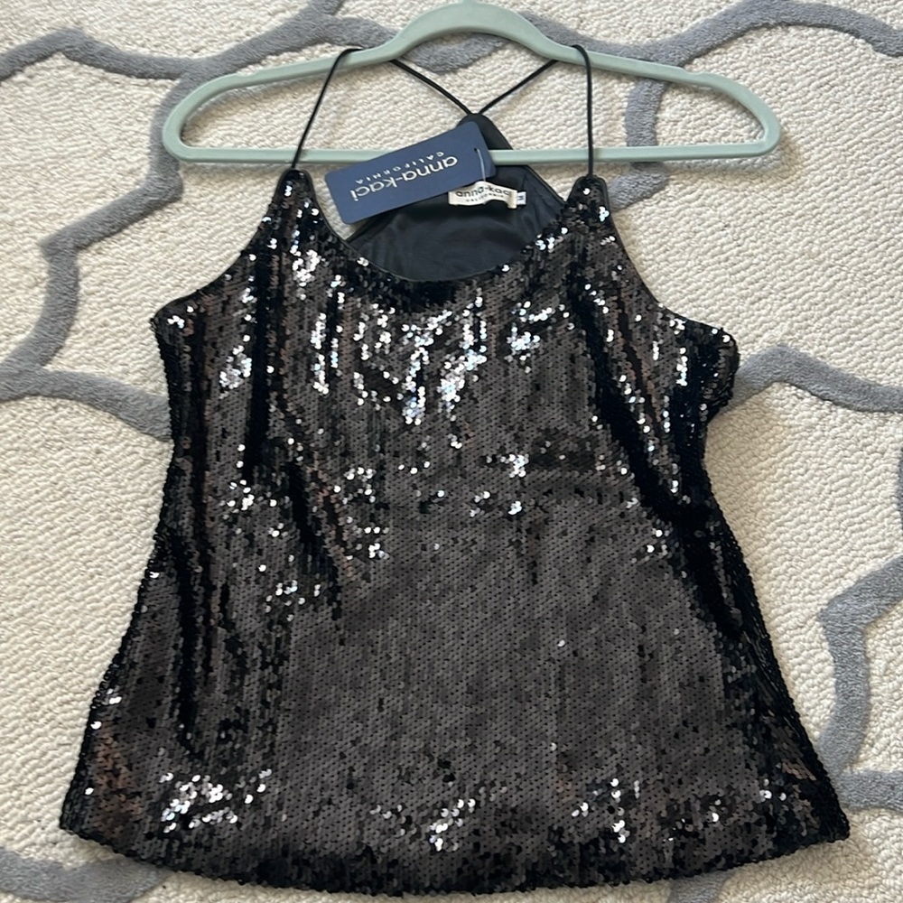 Anna-Kaci Shimmering Spaghetti Strap Tank Black Sequin Size Medium NWT‎